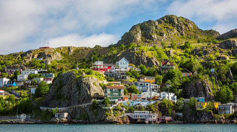 colorful houses and steep cliffs in The Battery neighborhood, St. John's NL