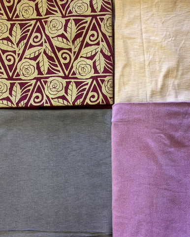 purple and grey fabric, art nouveau rose pattern
