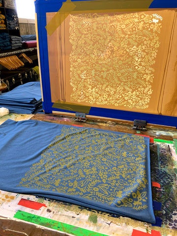 textile studio, silkscreen pattern with blue scarves