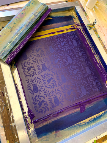 silkscreen with squeegee, purple ink and owl pattern