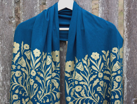 Teal floral scarf, hand-printed in Maine by Morris & Essex