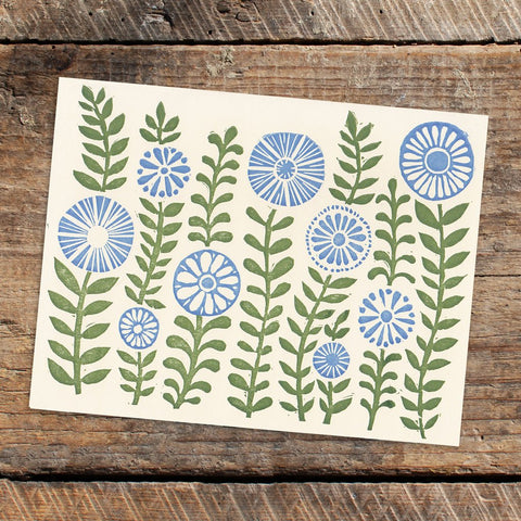 Letterpress greeting card with green and blue floral design