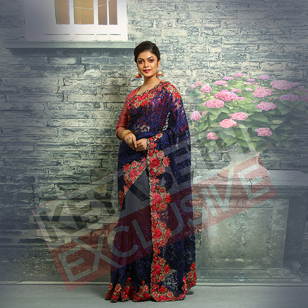 blue net saree for christmas & new year party 