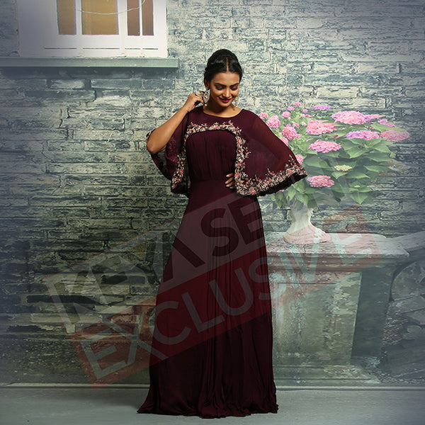 maroon poncho gown for christmas party 