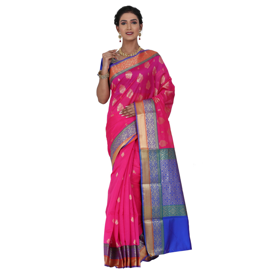 Magenta Color Chanderi Silk Saree with all over golden buta highlighted zari  work with Border