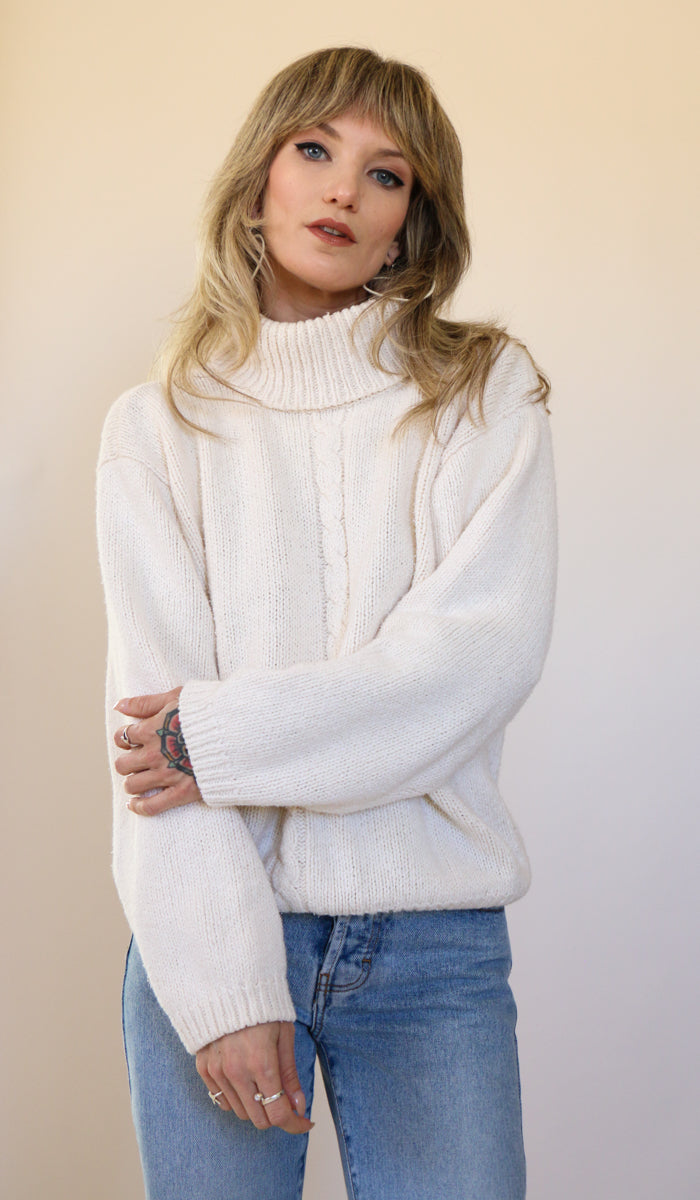 oversized white turtleneck sweater