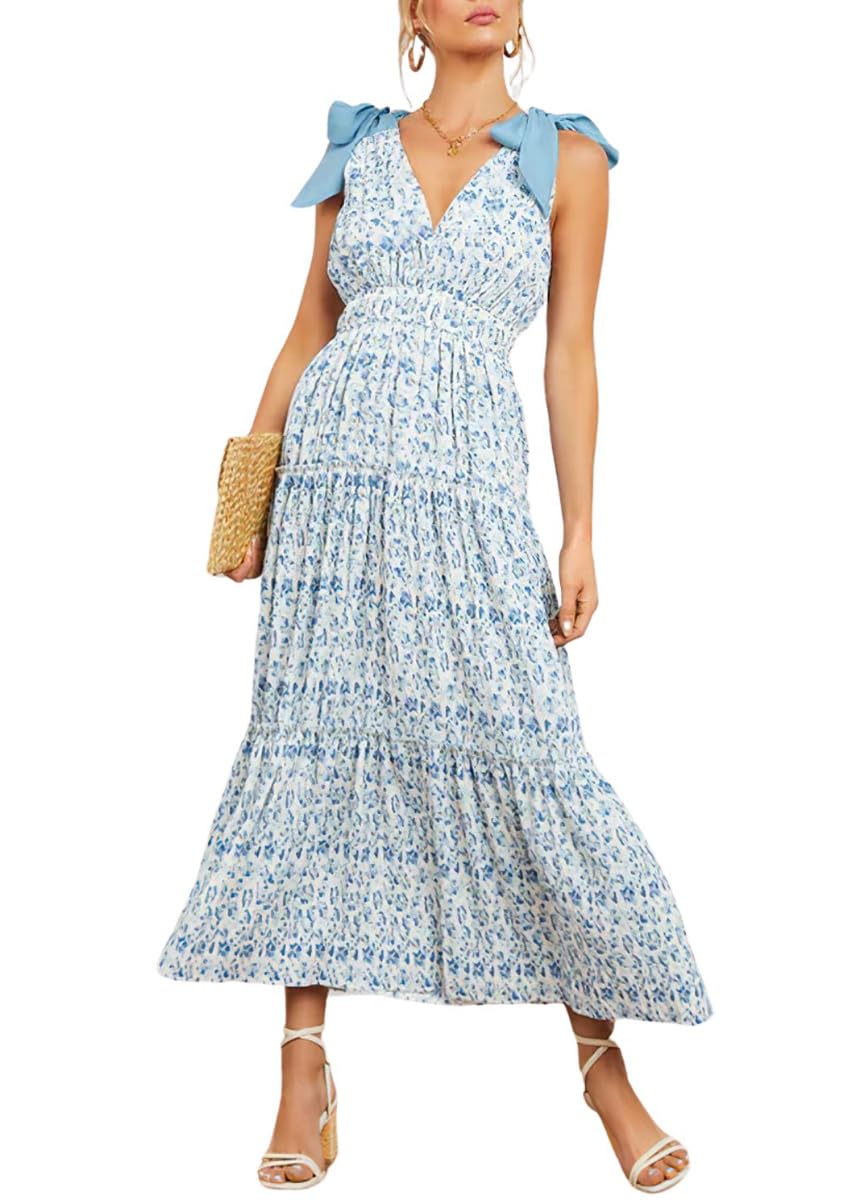 Chouyatou Women's Summer Boho Floral Print Dress Tie Knot Strap V-Neck Swing Maxi Beach Dress