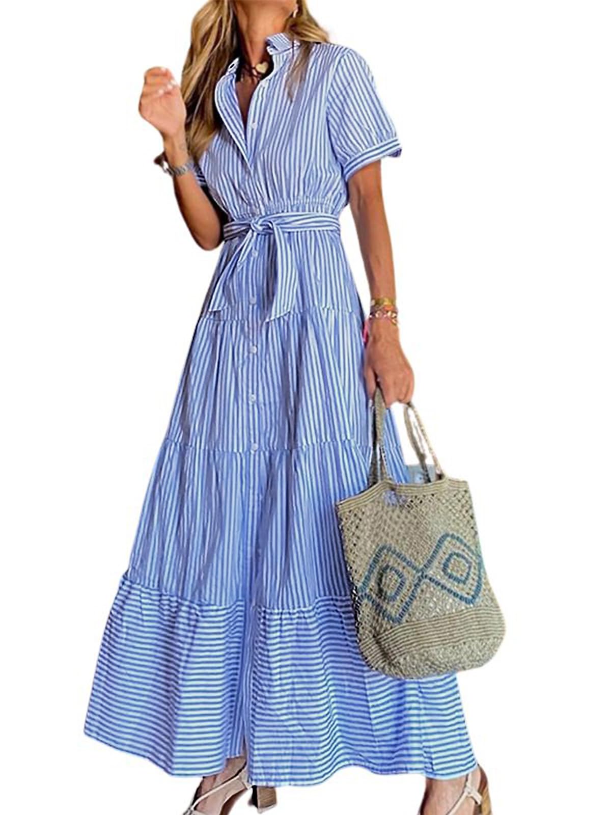 Chouyatou Womens Casual Short Sleeve Button Down Tie Waist Ruffled Striped Maxi Shirt Dress