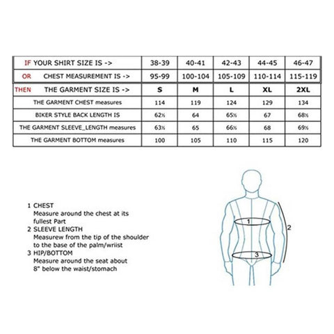 Size Chart Raida Gears Jackets