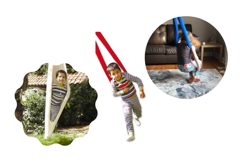 Examples of kids using the sensory swing to burn energy. One is bouncing outdoors, another running, and the last is bouncing indoors