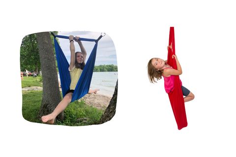 Examples of using the sensory swing as a yoga swing. One model is doing a split on the swing and the other is standing in it