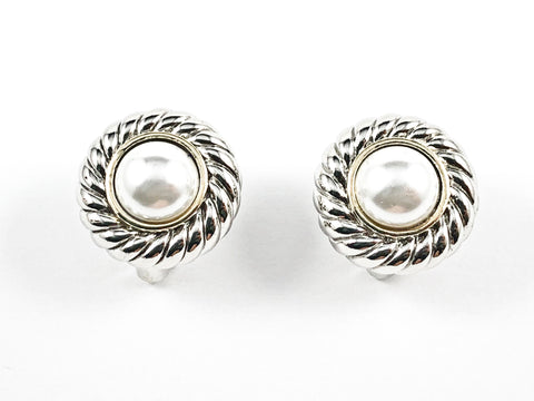 Center Pearl Omega Clip Brass Earring 