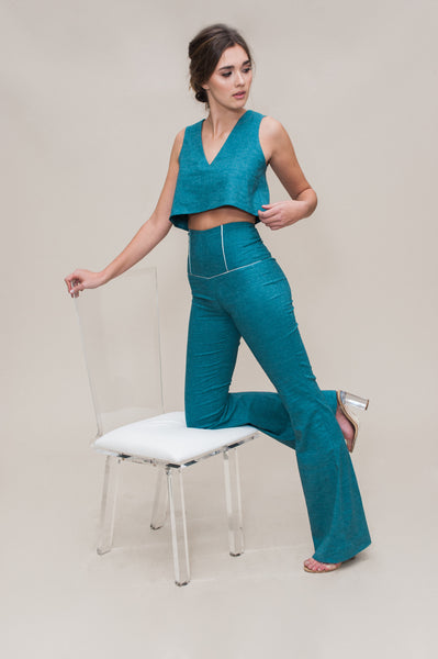 Paneled waist pant in blue, recycled poly, hemp chambray.