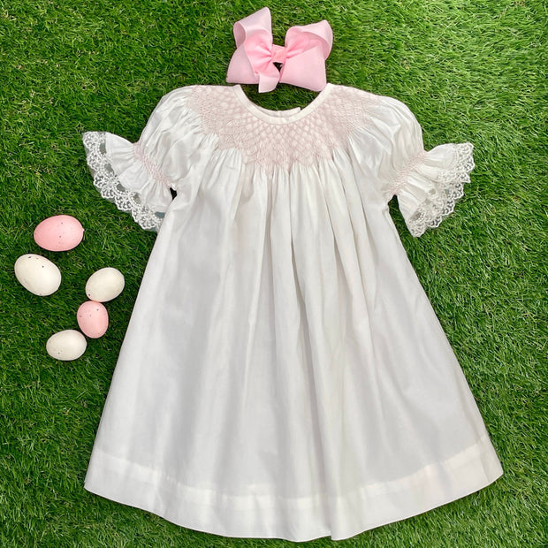 Smocked Heirloom dress - white with white smocking & ivory lace – Pleats  and Stitches