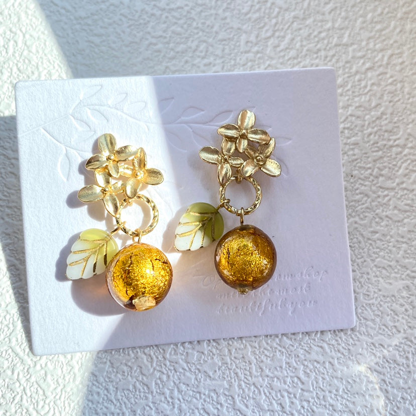 Vintage Literature Gold Plated Flower Fruit Glass Earrings