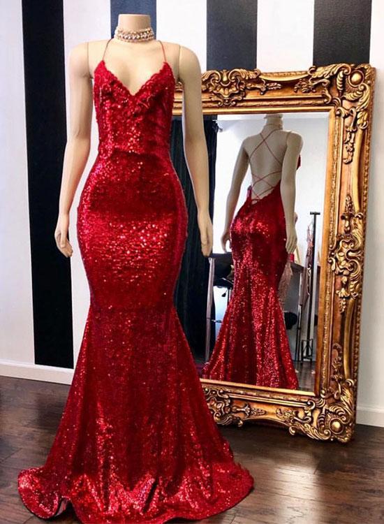 red glitter mermaid prom dress