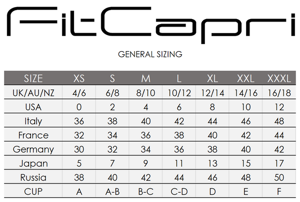 fitcapri sizing chart