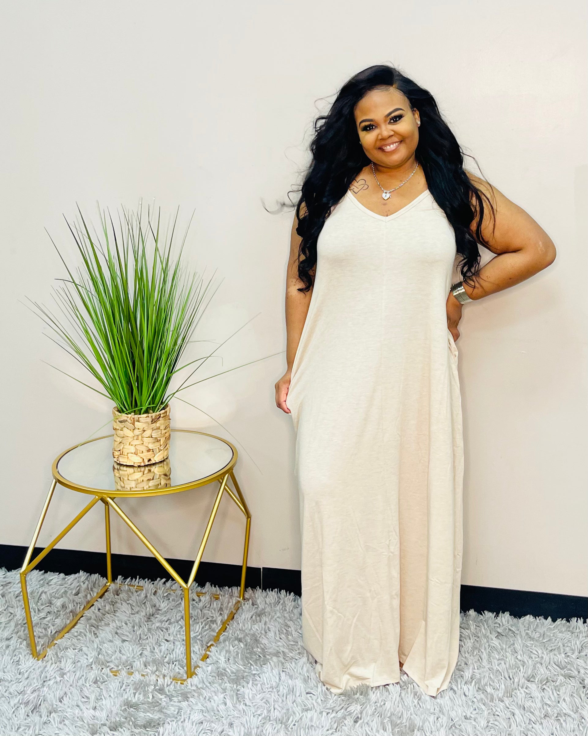 H-Beige Plus Strap Maxi Dress