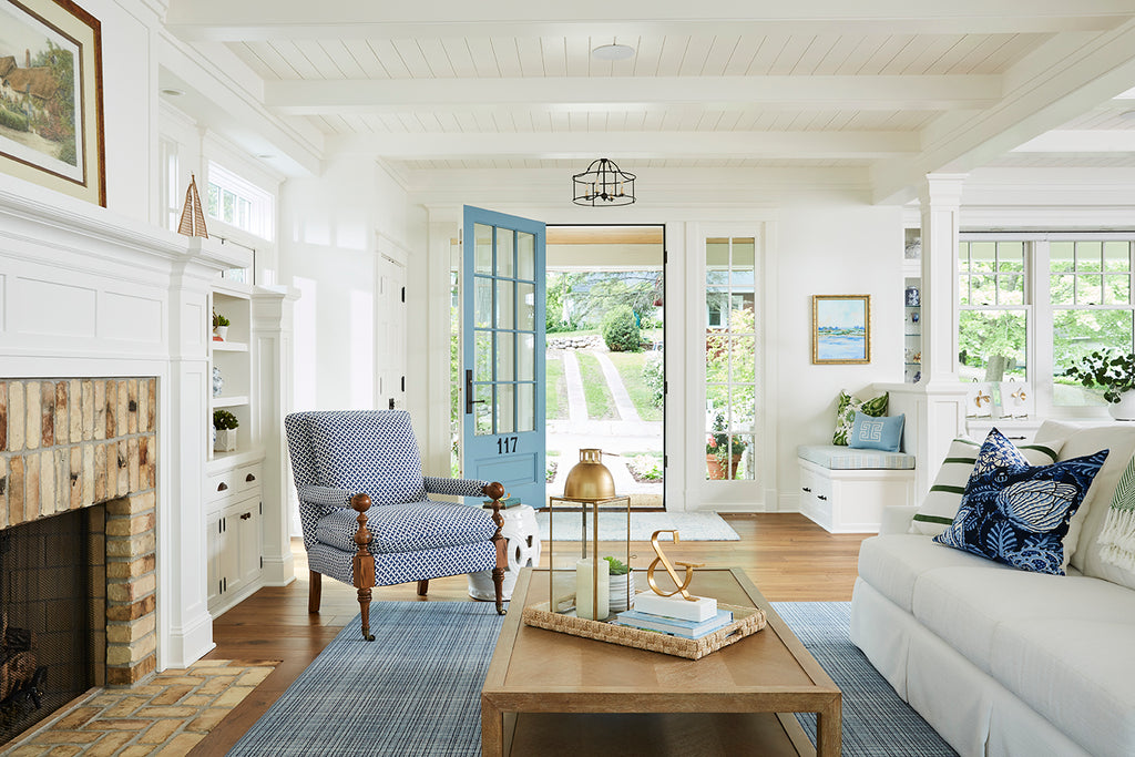 french blue front door, grandmillennial design, grace hill design, traditional living room, crlaine furniture, stark carpet