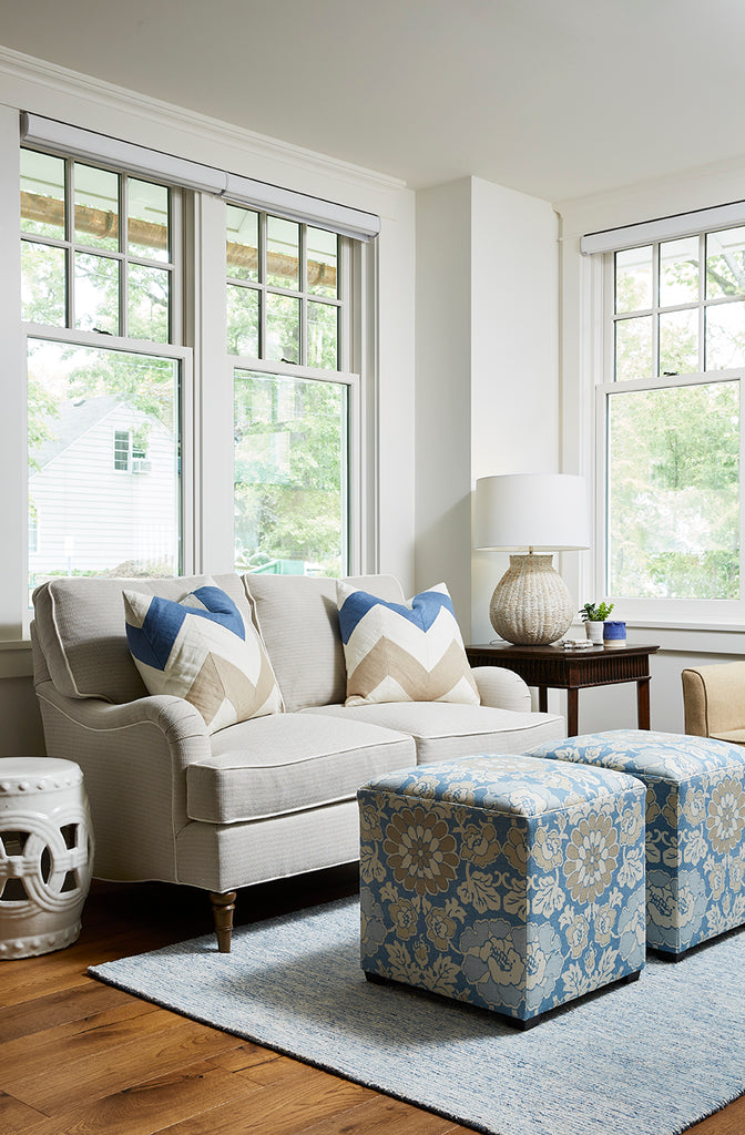 grandmillennial, floral cubes, traditional sofa, grace hill design, crlaine furniture