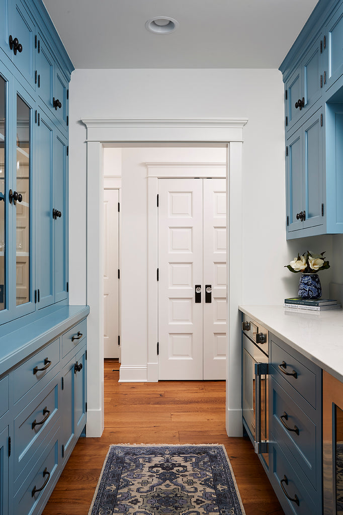 grandmillennial, butlers pantry, blue cabinetry, grace hill design, walk in pantry