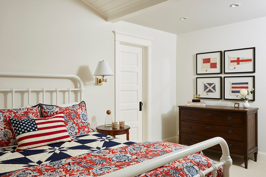 grandmillennial, traditional bedroom, red white and blue bedroom decor, grace hill design
