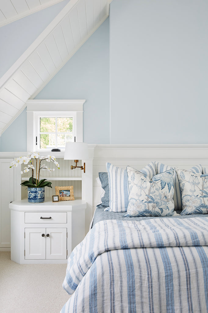 blue and white bedroom, grandmillennial, soft blue bedroom, grace hill design