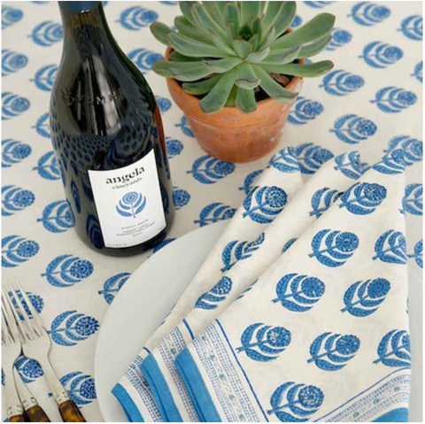 blue and white block print napkins, blue and white tablecloth, block print table cloth