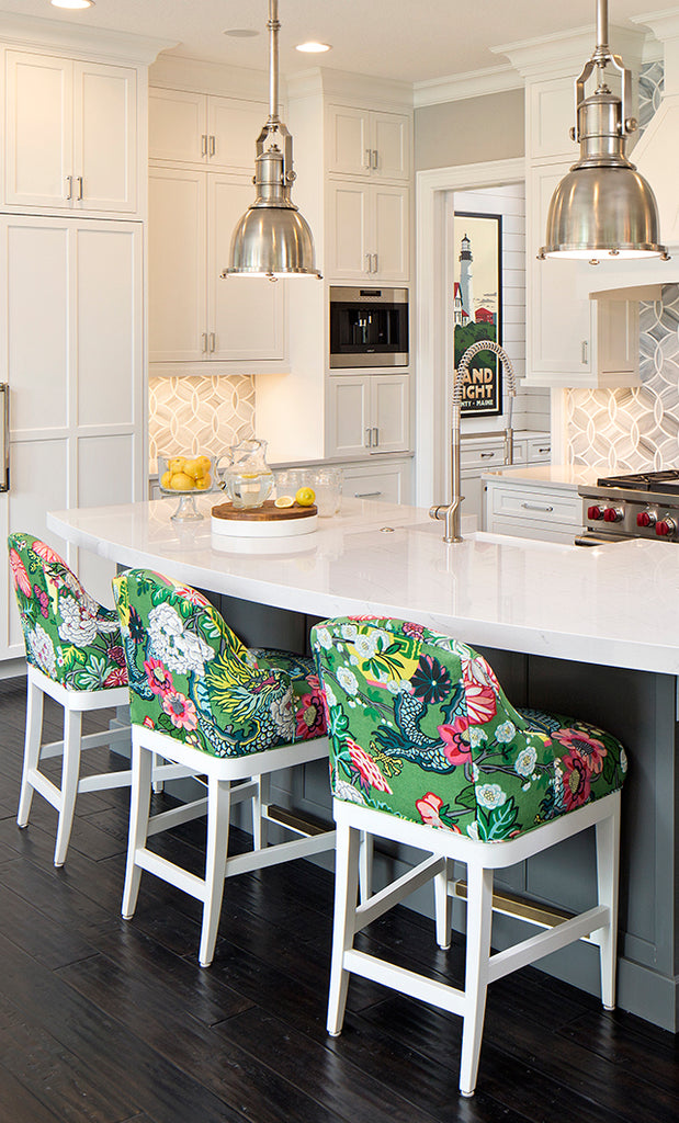 floral counter stools, fschumacher fabric, grace hill design