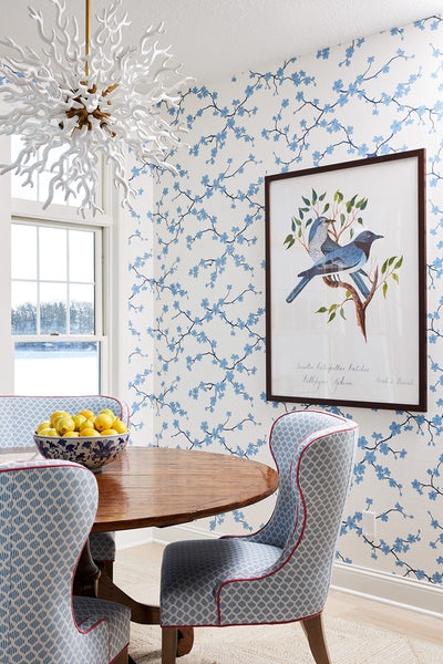 grace hill dining room with floral wallpaper