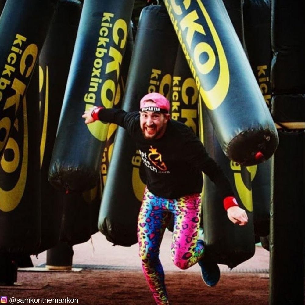 Spartan Race man in party leopard meggings