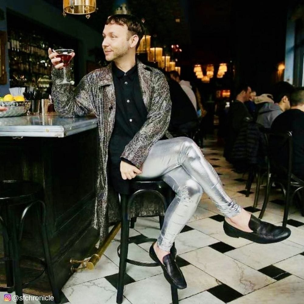 Ordering Cocktails in silver bullet mens metallic leggings