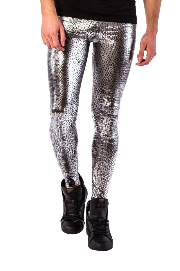 Silver Snakeskin Men's Leggings | Shiny Metallic | Kapow Meggings