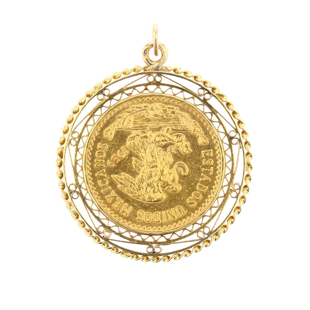 ANTIQUE MEXICAN GOLD COIN NECKLACE GOLDPL BRASS PENDANT HAND