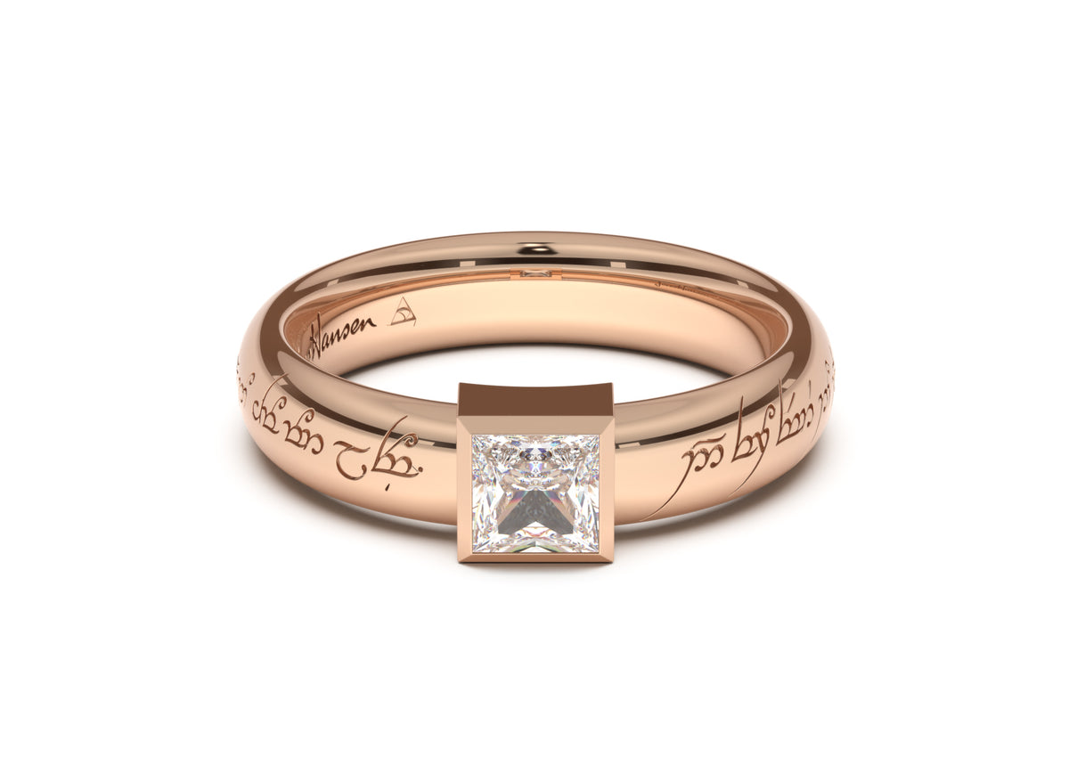 Princess Modern Elvish Engagement Ring, Red Gold