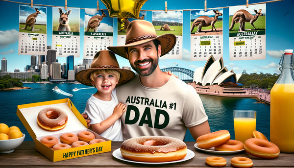 Australian father and son wearing matching Akubra hats, holding a box of donuts, with the Sydney skyline, Opera House, and Australian-themed calendars in the backdrop.Aussie Father's Day apart.