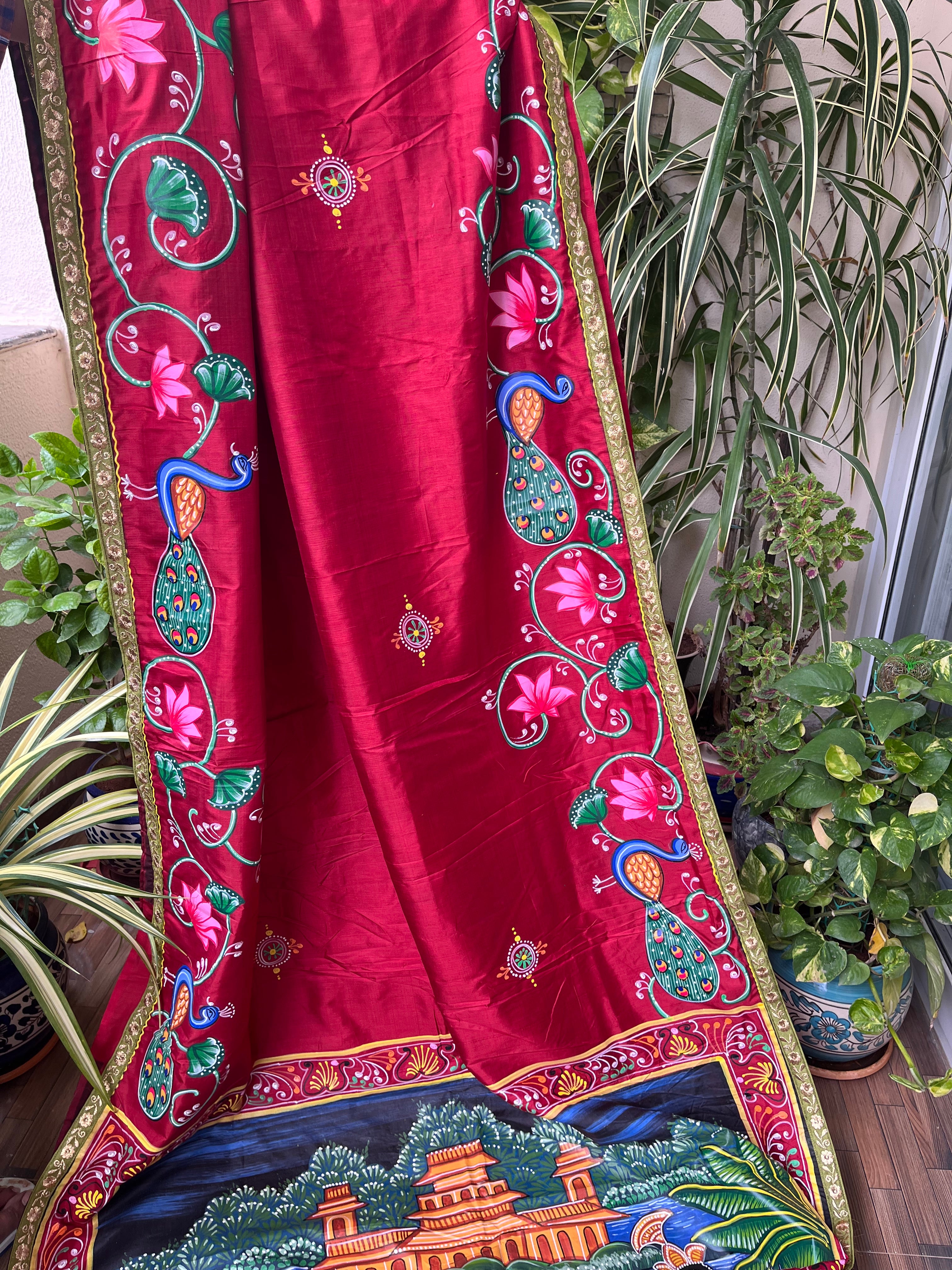 red saree silk saree pattachitra saree Vivarang handmade sarees wedding shopping