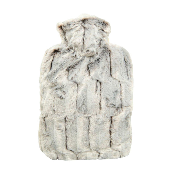 Hot Water Bottle with Brown and Silver Luxury Faux Fur Cover