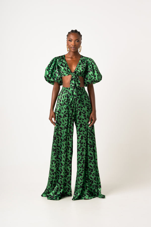 Zara Printed Flowing Trousers Green Floral Flared Leg & Top / Dress Set  Size S