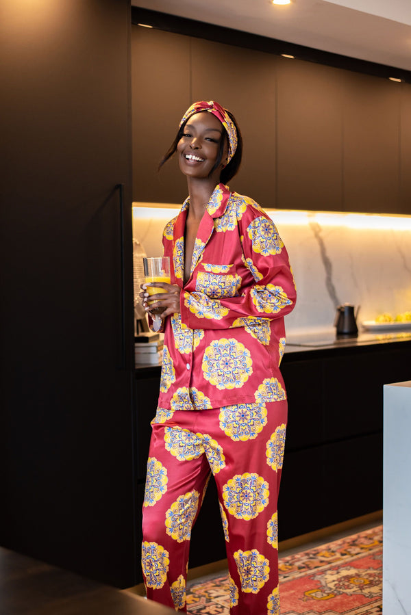 African Kente Print Satin Long Sleeve Pajama Set