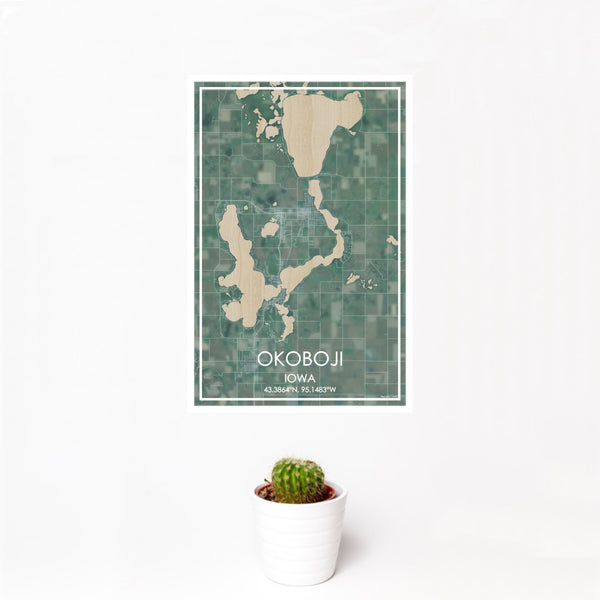 12x18 Okoboji Iowa Map Print Portrait Orientation in Afternoon Style With Small Cactus Plant in White Planter