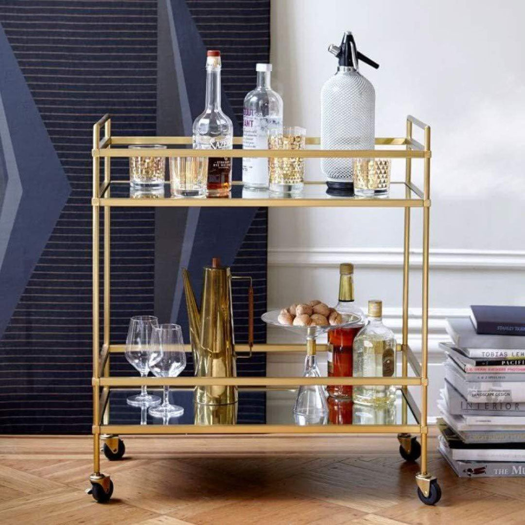 Modern Style Tubular Iron Bar Cart with 2 Mirrored Shelves