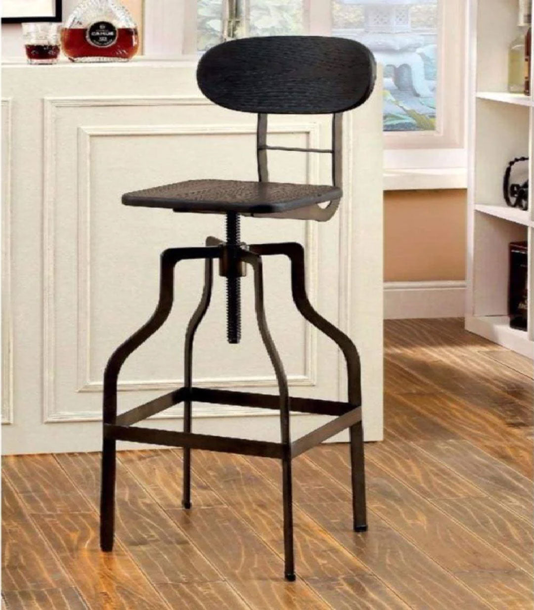 Industrial Style Wooden Swivel Bar Stool With Black Metal Base