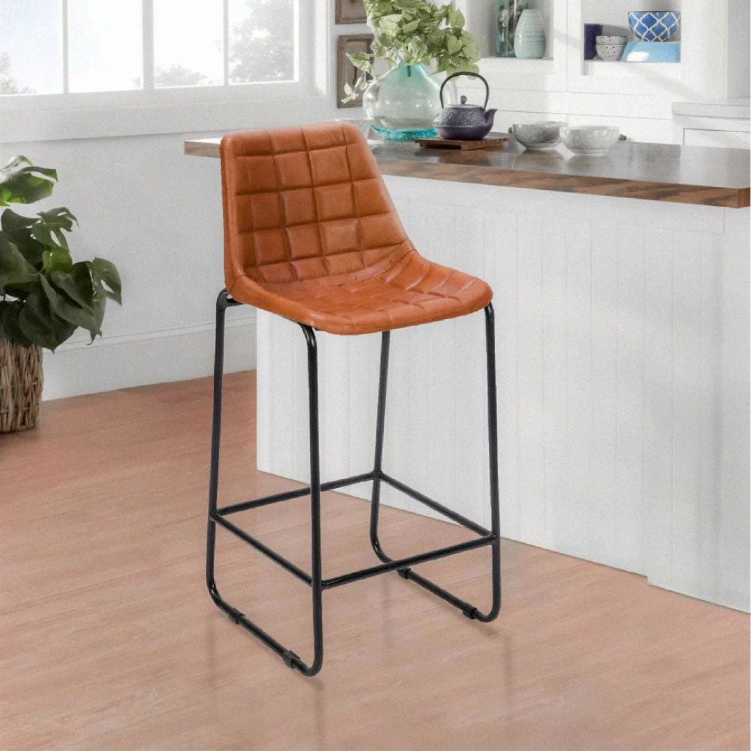 29 Inch Bar Height Chair, Square Tufted Genuine Leather Seat