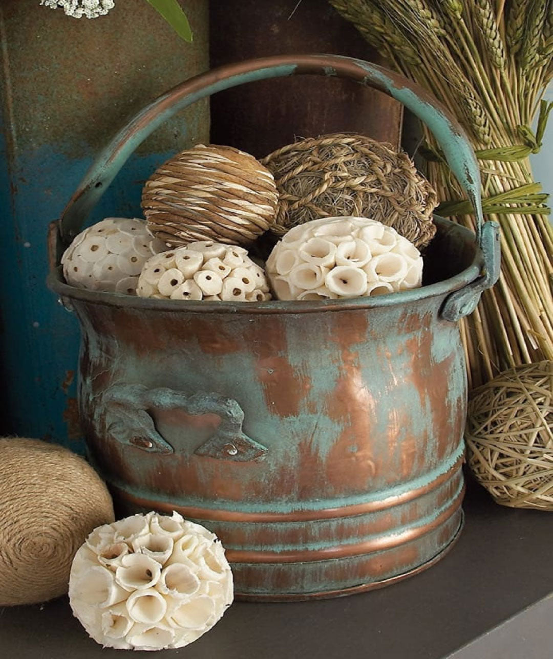 Green Tinged Metal Bucket Planter With Handles