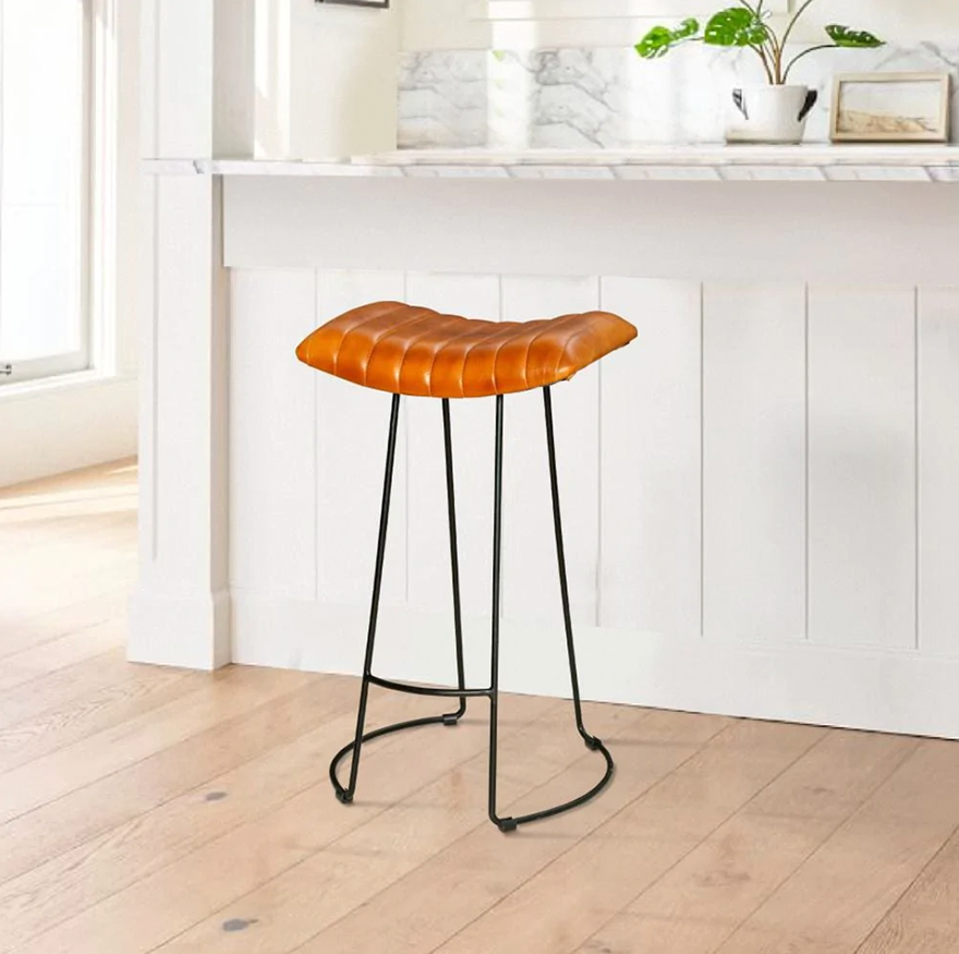 Industrial Barstool with Curved Genuine Leather Seat