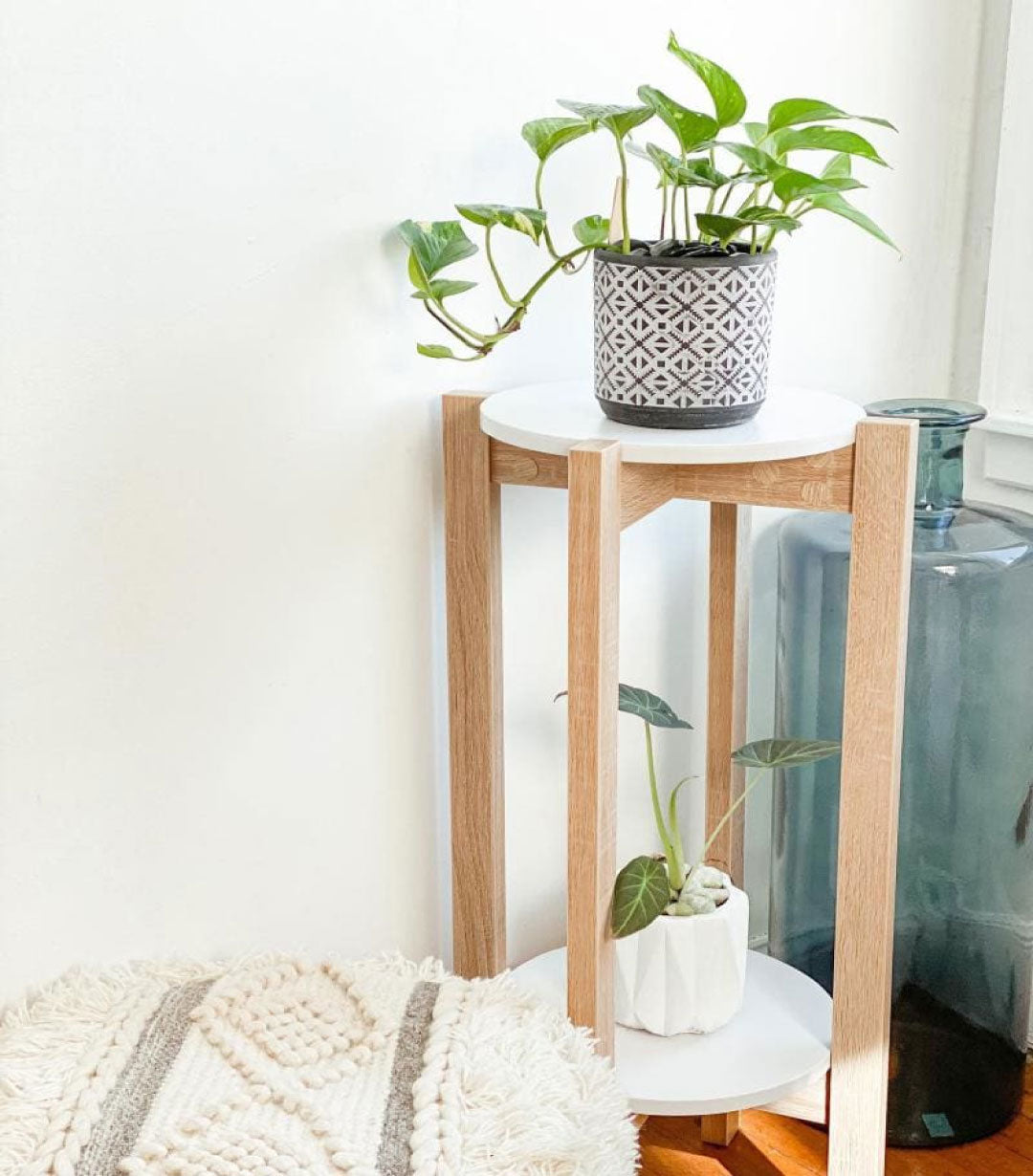 Natural Wood Plant Stand With Two Round Shelves