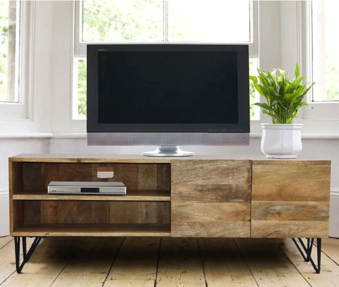 Industrial Style Mango Wood and Metal Tv Stand With Storage Cabinet