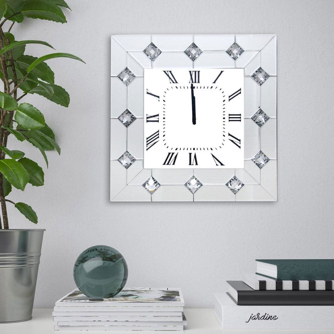 Mirrored Wall Clock with Faux Rhinestones Inlay