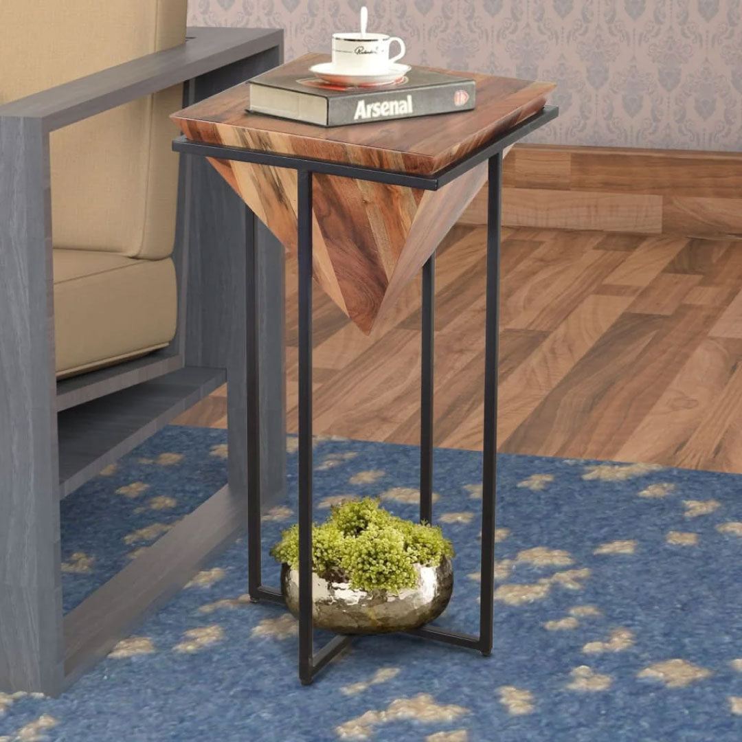 30 Inch Pyramid Shape Wooden Side Table With Cross Metal Base
